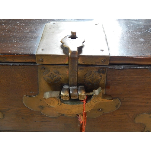 509 - C19th Chinese Wooden Chest with Brass Mounts & Handles: Retaining Its Original Lock & Key: Measures ... 