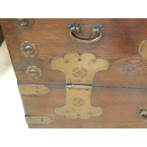 509 - C19th Chinese Wooden Chest with Brass Mounts & Handles: Retaining Its Original Lock & Key: Measures ... 