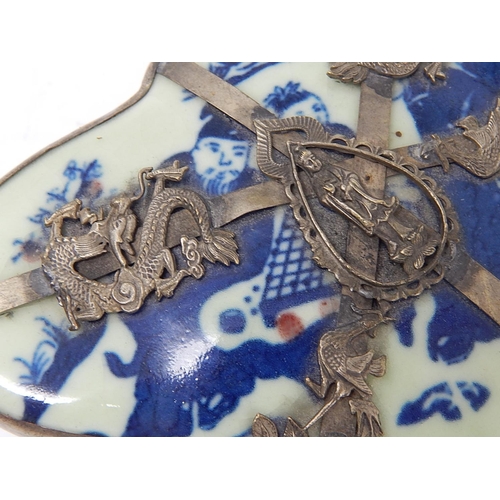 512 - Chinese White Metal Mounted Porcelain Butterfly Shaped Box & Cover. The Mounts Depicting Dragons, Th... 