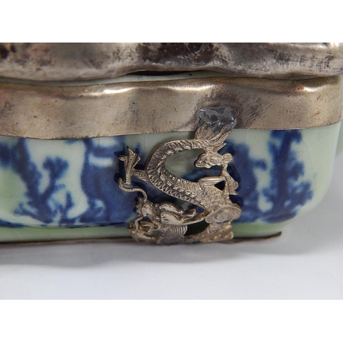 512 - Chinese White Metal Mounted Porcelain Butterfly Shaped Box & Cover. The Mounts Depicting Dragons, Th... 