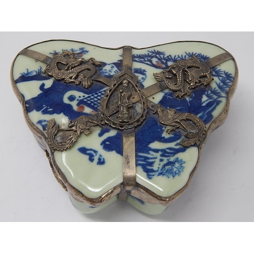 512 - Chinese White Metal Mounted Porcelain Butterfly Shaped Box & Cover. The Mounts Depicting Dragons, Th... 