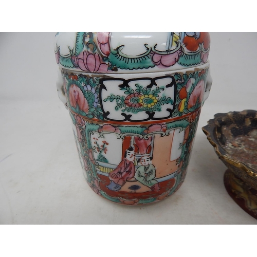 517 - Chinese Hand Painted Lidded Pot 15cm high together with a chinese pedestal dish 13.5cm diameter: Mar... 