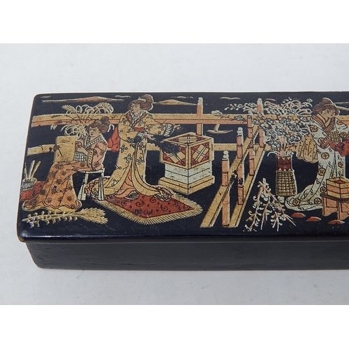 700 - C19th Japanese Lacquered Scribes/Pen Box: The Hinged Lid with a Figural Scene: Measuring 20cm wide