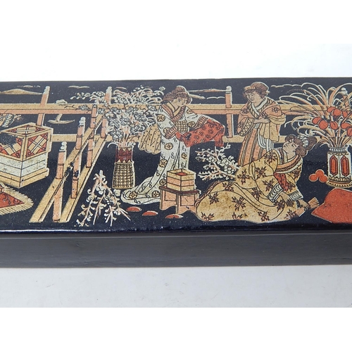 700 - C19th Japanese Lacquered Scribes/Pen Box: The Hinged Lid with a Figural Scene: Measuring 20cm wide