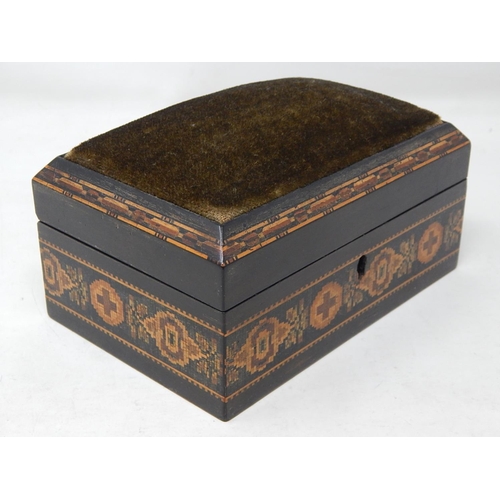 713 - C19th Tunbridge Ware Sewing Box with Domed Cushion Top: Makers Label to Underside 