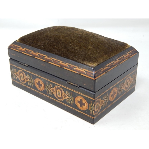 713 - C19th Tunbridge Ware Sewing Box with Domed Cushion Top: Makers Label to Underside 