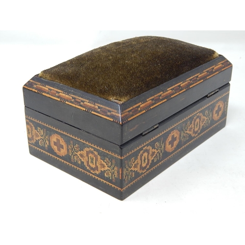 713 - C19th Tunbridge Ware Sewing Box with Domed Cushion Top: Makers Label to Underside 