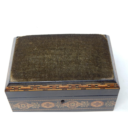 713 - C19th Tunbridge Ware Sewing Box with Domed Cushion Top: Makers Label to Underside 