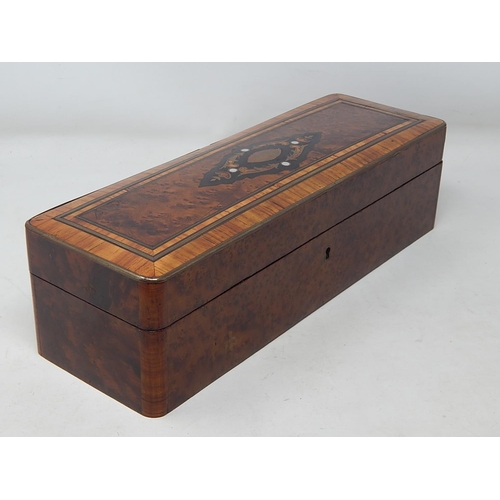 715 - C19th French Burr Walnut Glove/Work Box: The Brass Bordered Top Having an Intricate Inlaid Panel wit... 