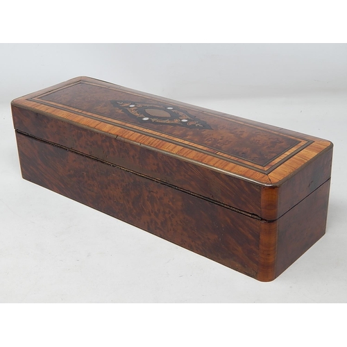 715 - C19th French Burr Walnut Glove/Work Box: The Brass Bordered Top Having an Intricate Inlaid Panel wit... 