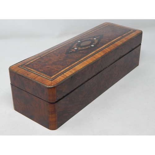 715 - C19th French Burr Walnut Glove/Work Box: The Brass Bordered Top Having an Intricate Inlaid Panel wit... 