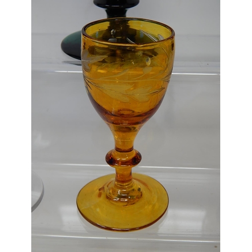 719 - A Quantity of C19th Glassware to Include a Pair of Bristol Blue Goblets, Amber Etched Cordial, Green... 