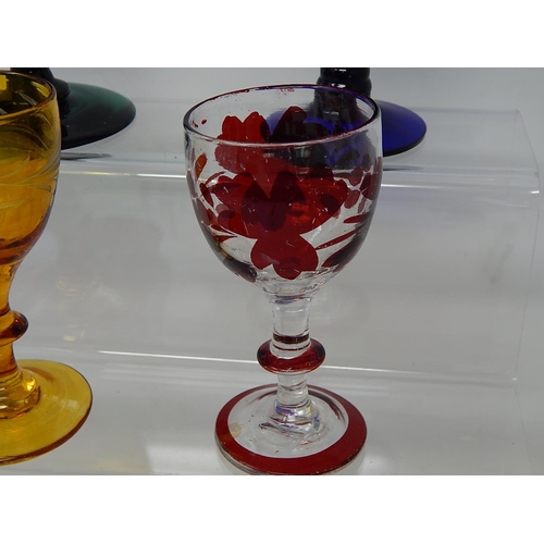 719 - A Quantity of C19th Glassware to Include a Pair of Bristol Blue Goblets, Amber Etched Cordial, Green... 