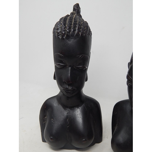 727 - A Pair of Antique African Hardwood Tribal Busts: Tallest 30cm