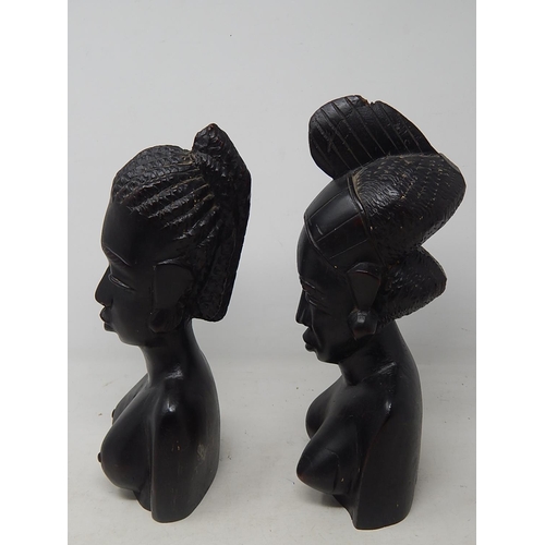 727 - A Pair of Antique African Hardwood Tribal Busts: Tallest 30cm