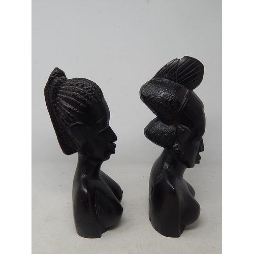 727 - A Pair of Antique African Hardwood Tribal Busts: Tallest 30cm