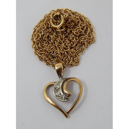 135 - 9ct gold diamond heart pendant necklace. 310899