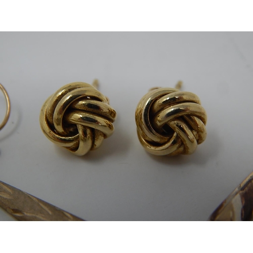 154 - 3 x Pairs of 9ct Gold earrings inc. knot, tri-tone & drop: 3169