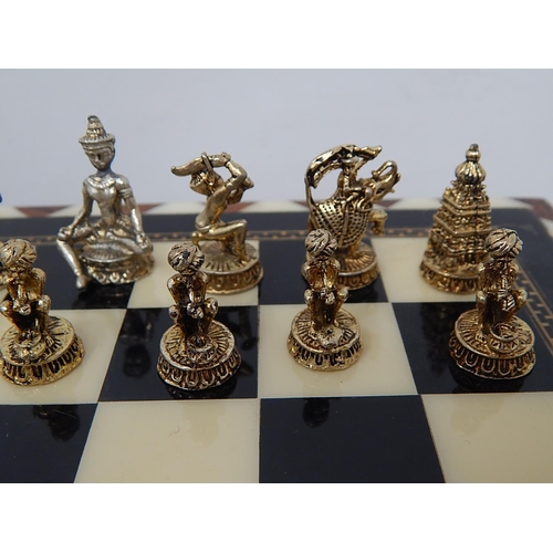 525 - Indian Chess Set with Cast White & Yellow Metal Figural Pieces: The Board with Two Drawers: Measures... 