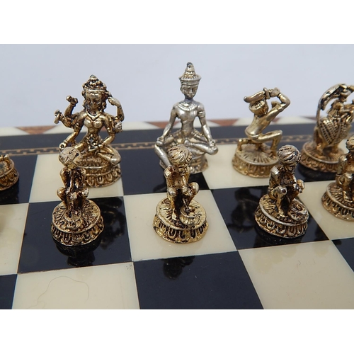 525 - Indian Chess Set with Cast White & Yellow Metal Figural Pieces: The Board with Two Drawers: Measures... 