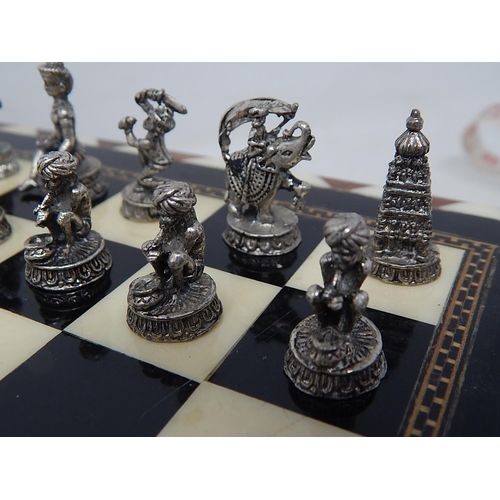 525 - Indian Chess Set with Cast White & Yellow Metal Figural Pieces: The Board with Two Drawers: Measures... 