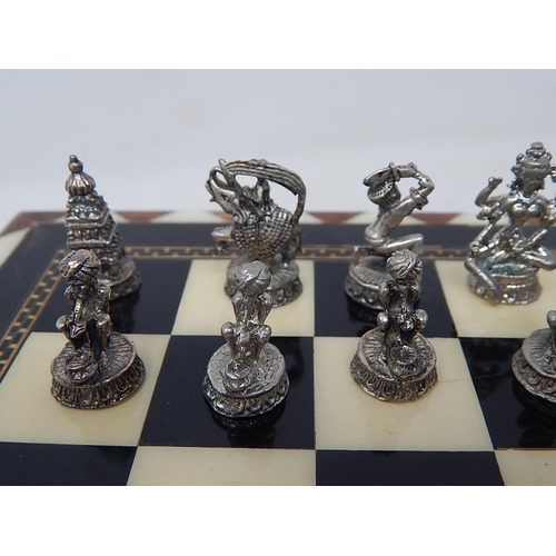 525 - Indian Chess Set with Cast White & Yellow Metal Figural Pieces: The Board with Two Drawers: Measures... 