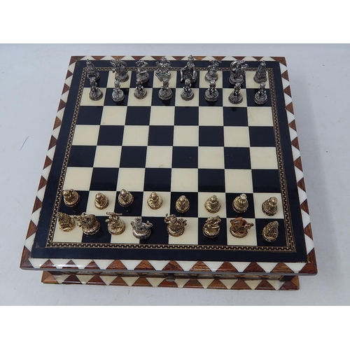 525 - Indian Chess Set with Cast White & Yellow Metal Figural Pieces: The Board with Two Drawers: Measures... 