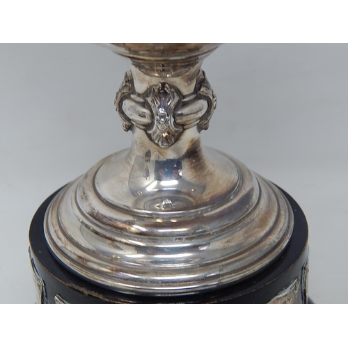 122 - Silver Trophy Cup & Lid on Stand: Hallmarked London 1923 by Goldsmiths & Silversmiths: Height 29cm: ... 