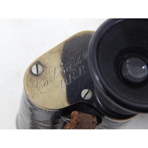 542 - WWI: Rare Pair of Carl Zeiss Jena D.R.P Feldstecher Vergr = 8 Brass & Leather Covered Binoculars wit... 