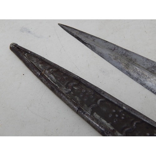 549 - Antique Middle Eastern Dagger & Scabbard: The Blade Engraved. Brass & Bone Handle: Measuring 32cm