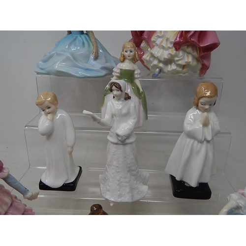 647 - Royal Doulton Figures: Debutante, Southern Belle, Diane, Penny, Amanda, Christmas Eve, Darling, Bedt... 