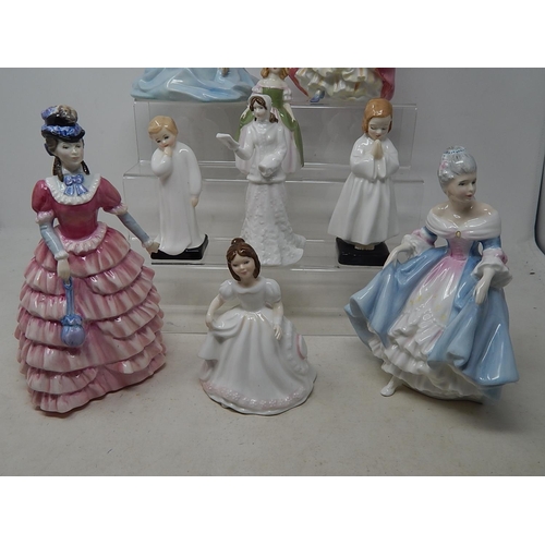 647 - Royal Doulton Figures: Debutante, Southern Belle, Diane, Penny, Amanda, Christmas Eve, Darling, Bedt... 