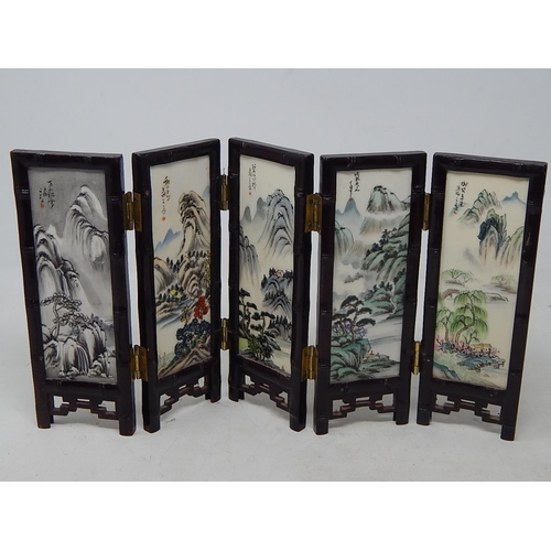 567 - Chinese Table Screen with Decorated Hardstone Panels within a folding wooden frame: Measures 36cm wi... 