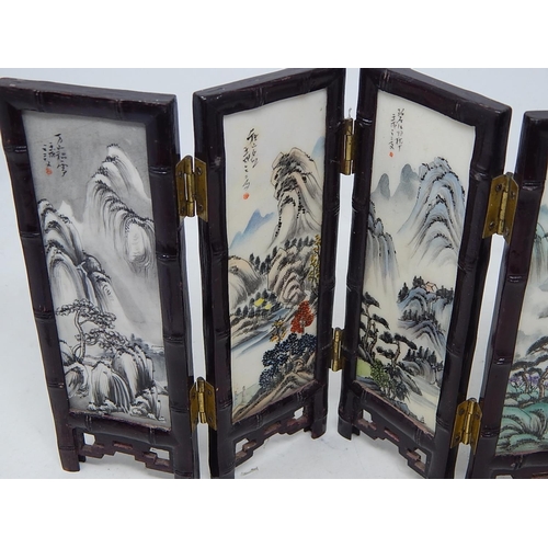 567 - Chinese Table Screen with Decorated Hardstone Panels within a folding wooden frame: Measures 36cm wi... 