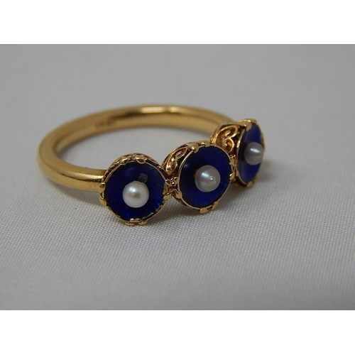 171 - Antique 18ct Gold Ring Set with Three Blue Enamelled Flowerheads, Each Inset with a Central Pearl. R... 