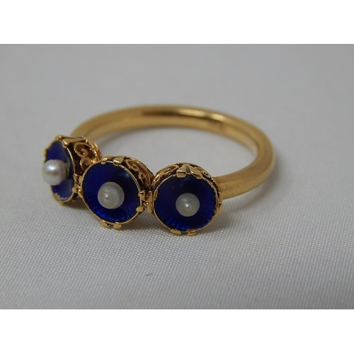 171 - Antique 18ct Gold Ring Set with Three Blue Enamelled Flowerheads, Each Inset with a Central Pearl. R... 