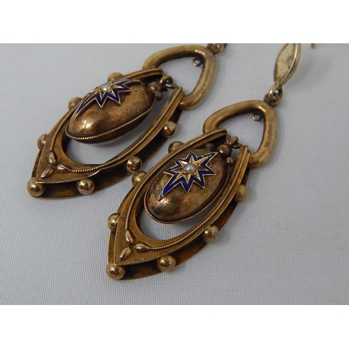 174 - Victorian Hook Backed Gold Earrings with Inner Swing Panels with Blue Enamelled Stars Set with Centr... 