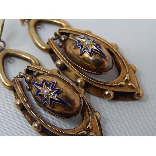 174 - Victorian Hook Backed Gold Earrings with Inner Swing Panels with Blue Enamelled Stars Set with Centr... 