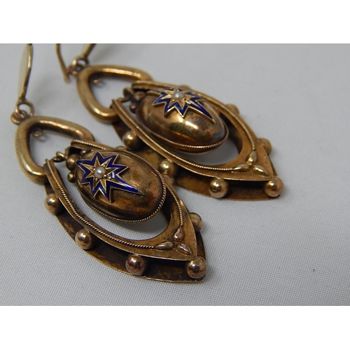 174 - Victorian Hook Backed Gold Earrings with Inner Swing Panels with Blue Enamelled Stars Set with Centr... 