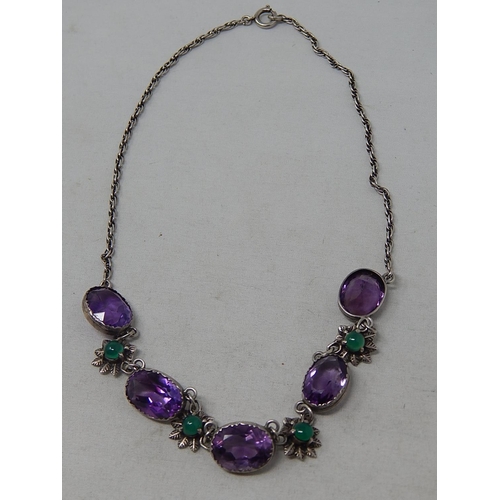 175 - Edwardian Silver Necklace c.1905 Set with Five Amethysts & Four Polished Emerald Coloured Cabochons.