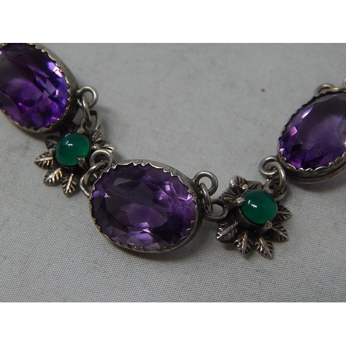 175 - Edwardian Silver Necklace c.1905 Set with Five Amethysts & Four Polished Emerald Coloured Cabochons.