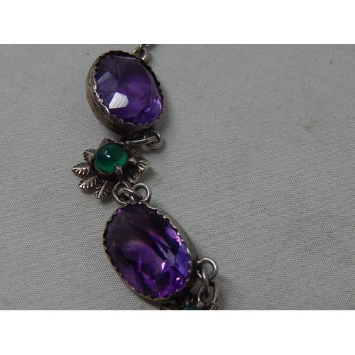 175 - Edwardian Silver Necklace c.1905 Set with Five Amethysts & Four Polished Emerald Coloured Cabochons.