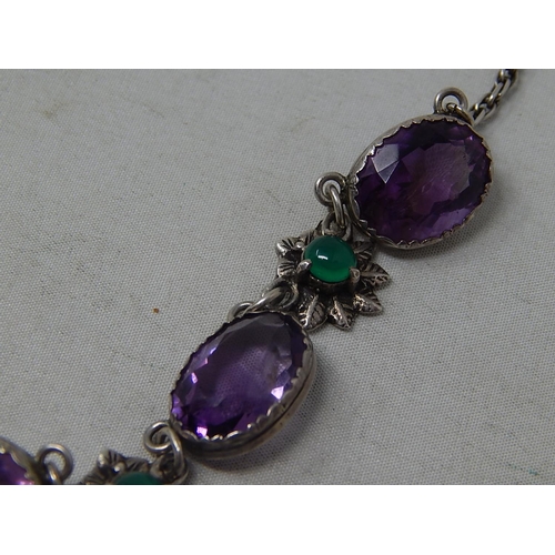 175 - Edwardian Silver Necklace c.1905 Set with Five Amethysts & Four Polished Emerald Coloured Cabochons.