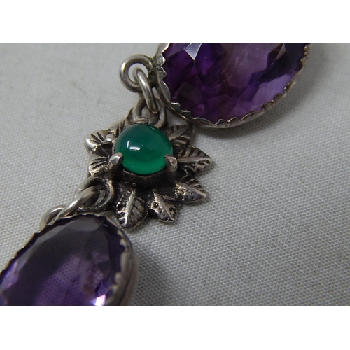 175 - Edwardian Silver Necklace c.1905 Set with Five Amethysts & Four Polished Emerald Coloured Cabochons.