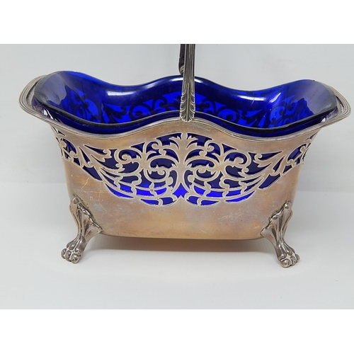 178 - Large Edwardian Silver Sugar Basket with Original Cobalt Blue Liner & Swing Handle: Hallmarked Londo... 