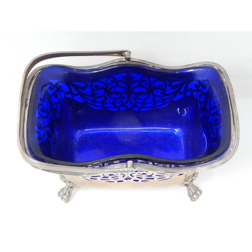 178 - Large Edwardian Silver Sugar Basket with Original Cobalt Blue Liner & Swing Handle: Hallmarked Londo... 