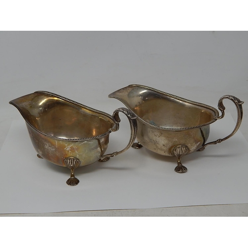 187 - Pair of Silver Sauce Boats with Beaded Rims, Acanthus Handles on Paw Feet: Hallmarked Birmingham 193... 