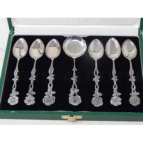 214 - Set of Six 925 Silver Coffee Spoons & Sugar Spoon with Cast Foliate Decorated Handles & terminals: S... 