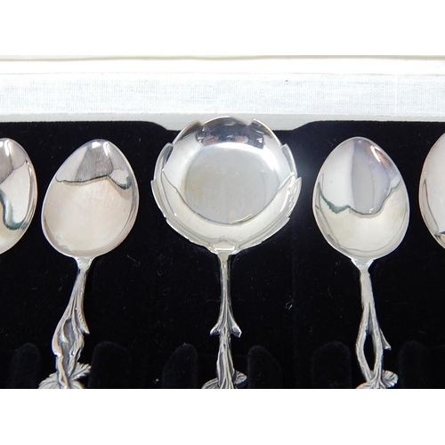 214 - Set of Six 925 Silver Coffee Spoons & Sugar Spoon with Cast Foliate Decorated Handles & terminals: S... 