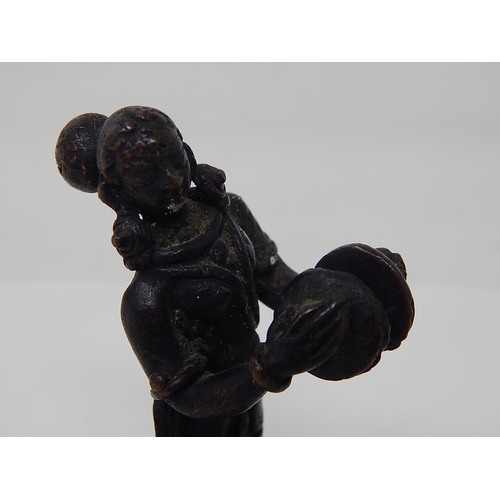 595 - Small Bronze Figure of an Oriental Lady Playing Symbols: Measures 8.4cm high